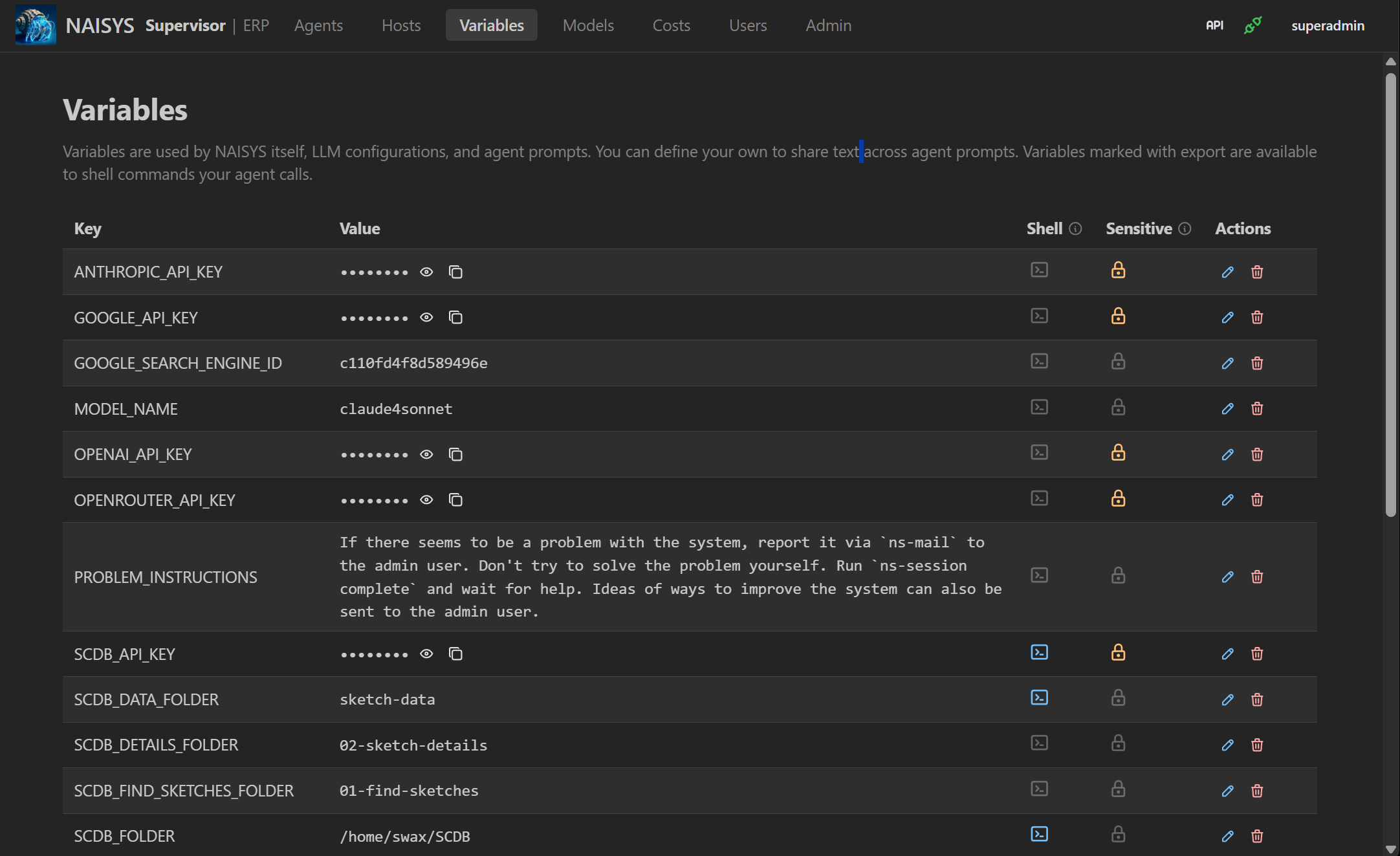 Variables screenshot